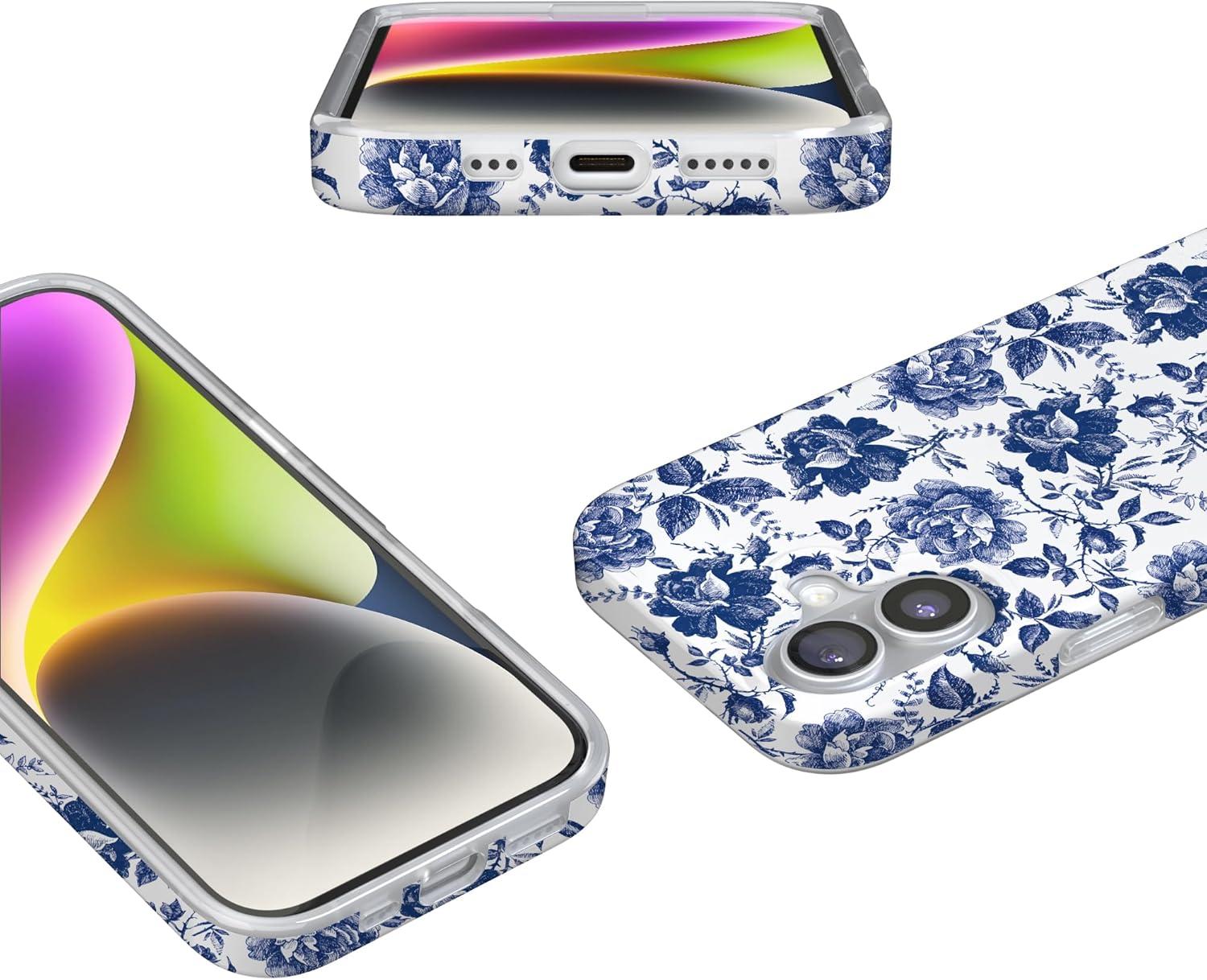 imageCasely iPhone 17 Case Full Bloom Navy Floral Compatible with MagSafe Classic Ultra Thin DesignRose to Fame Blue White Rose Floral