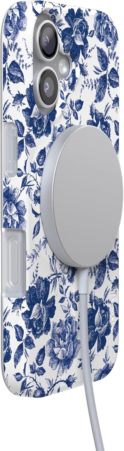 imageCasely iPhone 17 Case Full Bloom Navy Floral Compatible with MagSafe Classic Ultra Thin DesignRose to Fame Blue White Rose Floral