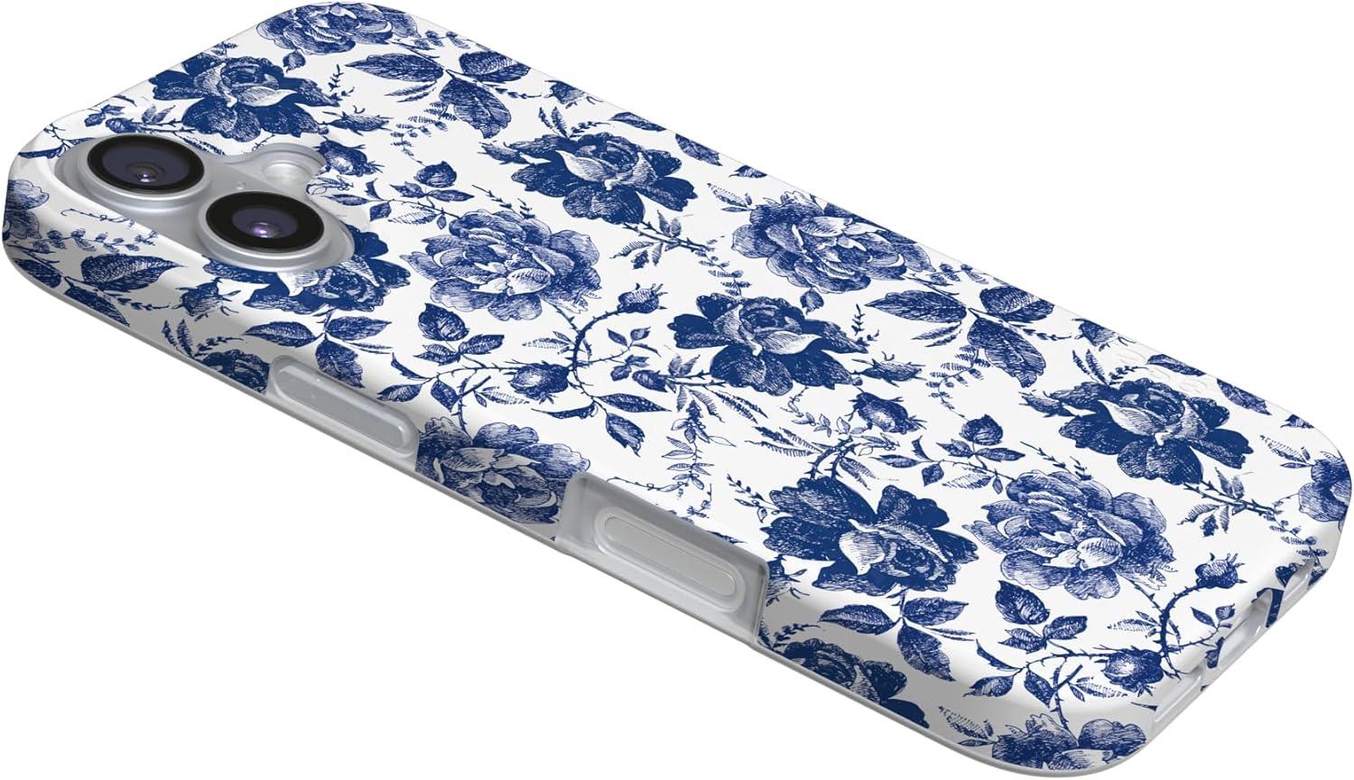imageCasely iPhone 17 Case Full Bloom Navy Floral Compatible with MagSafe Classic Ultra Thin DesignRose to Fame Blue White Rose Floral