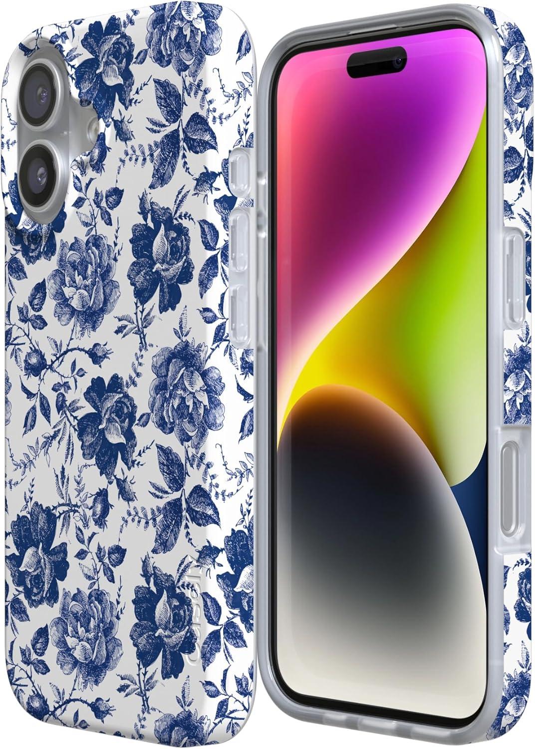 imageCasely iPhone 17 Case Full Bloom Navy Floral Compatible with MagSafe Classic Ultra Thin DesignRose to Fame Blue White Rose Floral