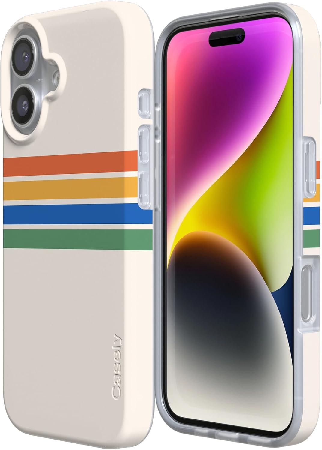 imageCasely iPhone 17 Case Full Bloom Navy Floral Compatible with MagSafe Classic Ultra Thin DesignTotally Groovy Rainbow Stripes Color Block