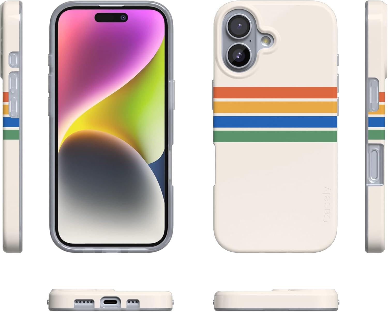 imageCasely iPhone 17 Case Full Bloom Navy Floral Compatible with MagSafe Classic Ultra Thin DesignTotally Groovy Rainbow Stripes Color Block