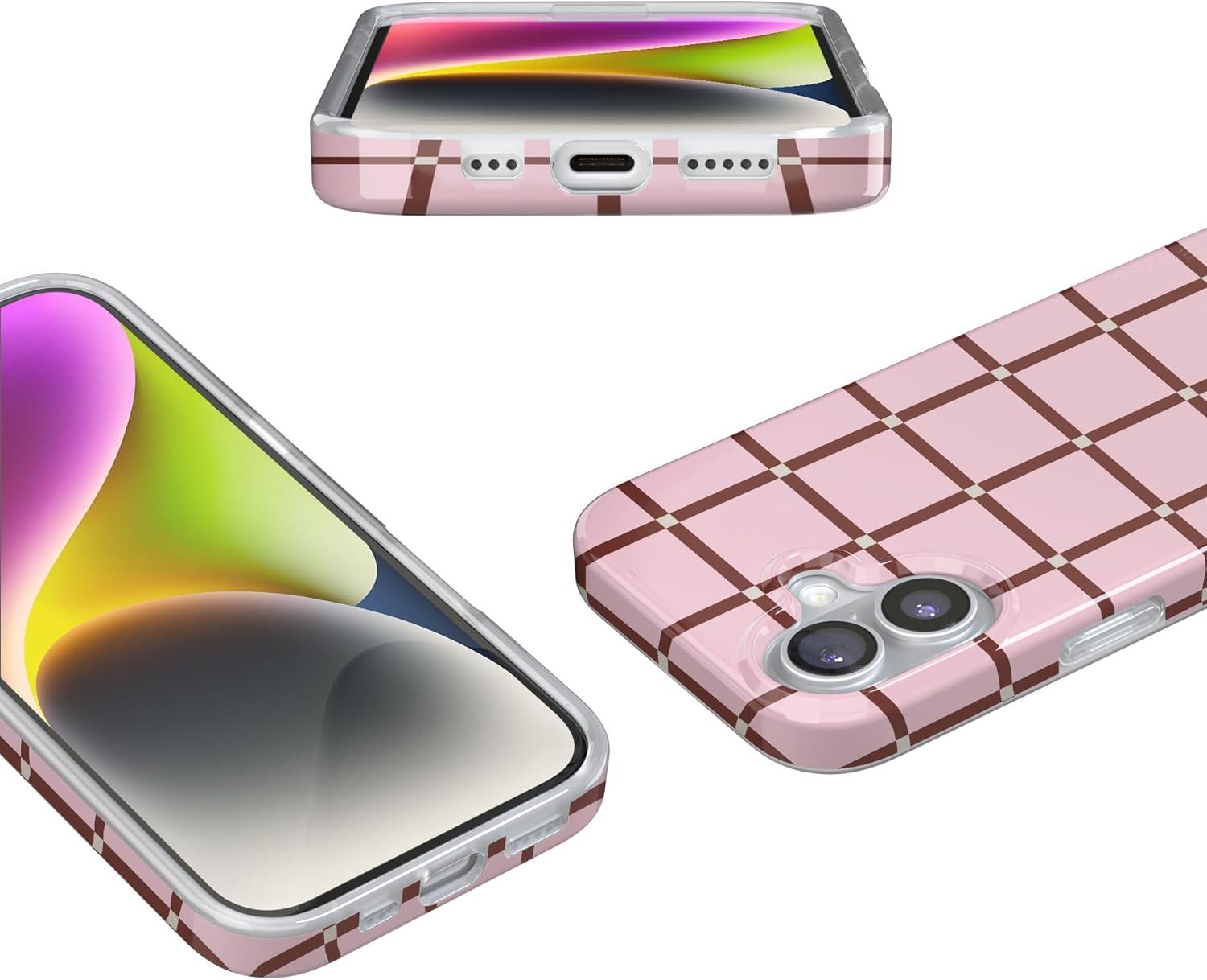 imageCasely iPhone 17 Case Full Bloom Navy Floral Compatible with MagSafe Classic Ultra Thin DesignUptown Gridlock Pink Checkerboard