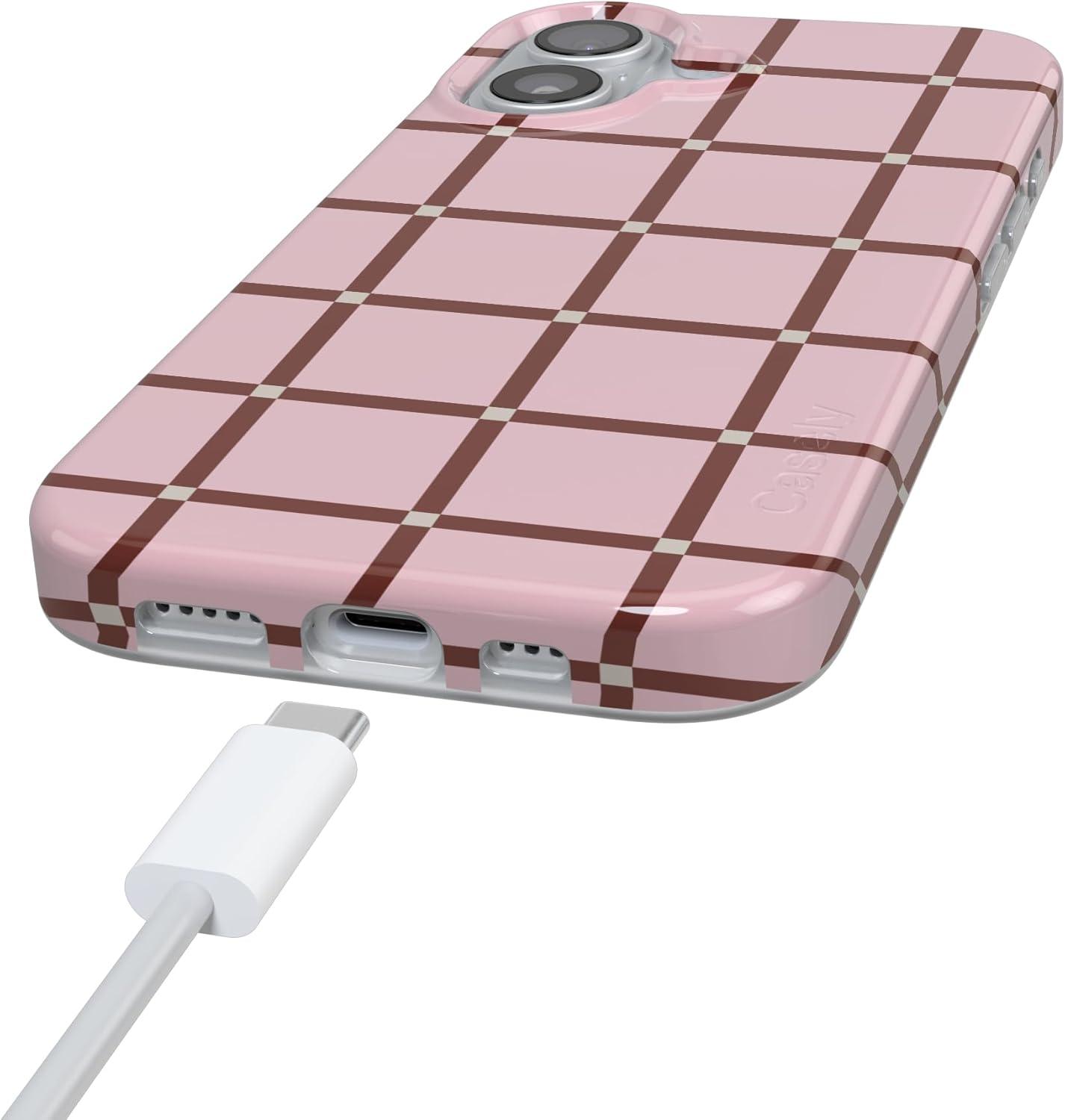 imageCasely iPhone 17 Case Full Bloom Navy Floral Compatible with MagSafe Classic Ultra Thin DesignUptown Gridlock Pink Checkerboard