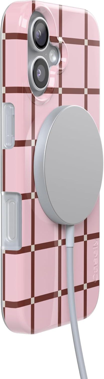 imageCasely iPhone 17 Case Full Bloom Navy Floral Compatible with MagSafe Classic Ultra Thin DesignUptown Gridlock Pink Checkerboard