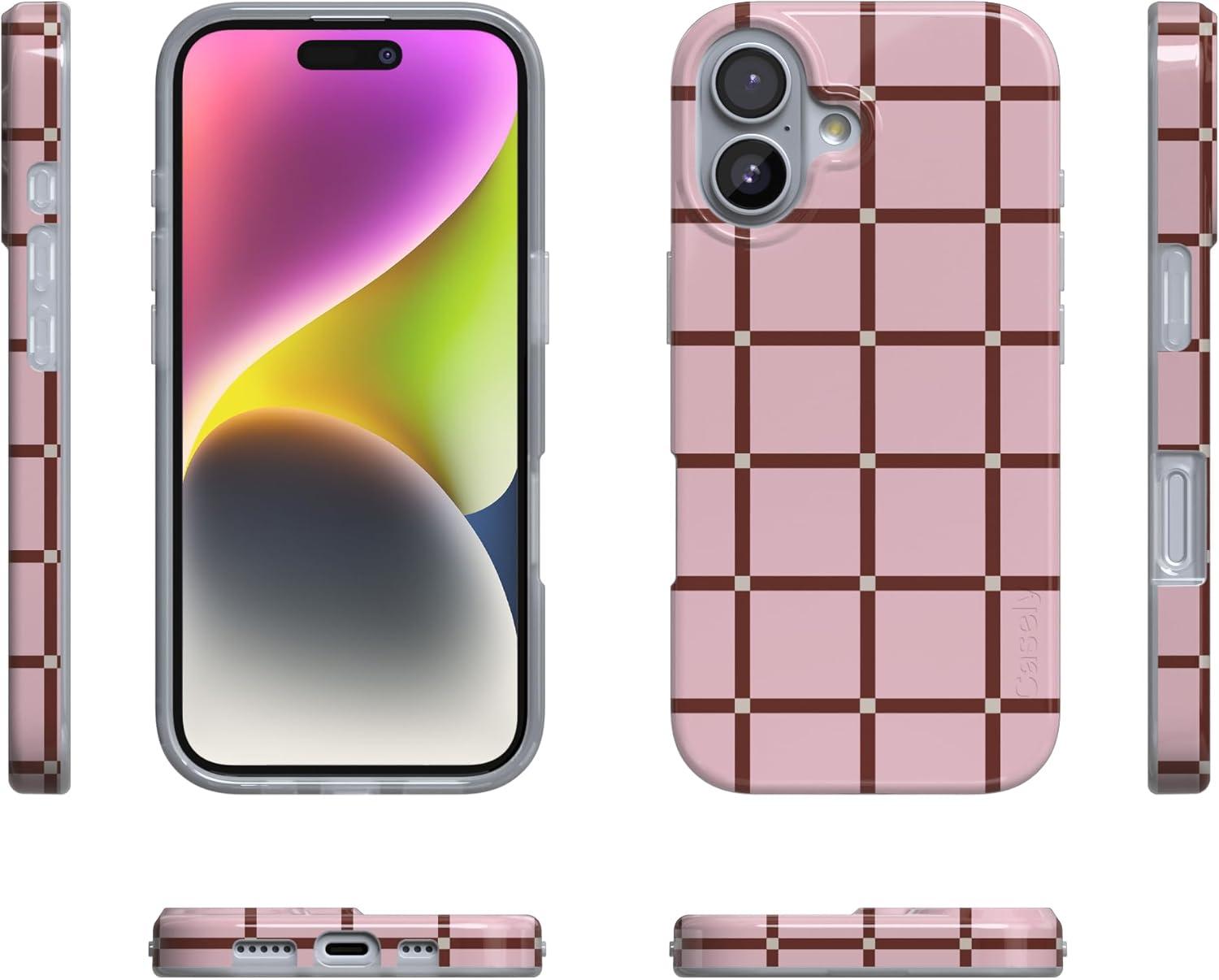 imageCasely iPhone 17 Case Full Bloom Navy Floral Compatible with MagSafe Classic Ultra Thin DesignUptown Gridlock Pink Checkerboard