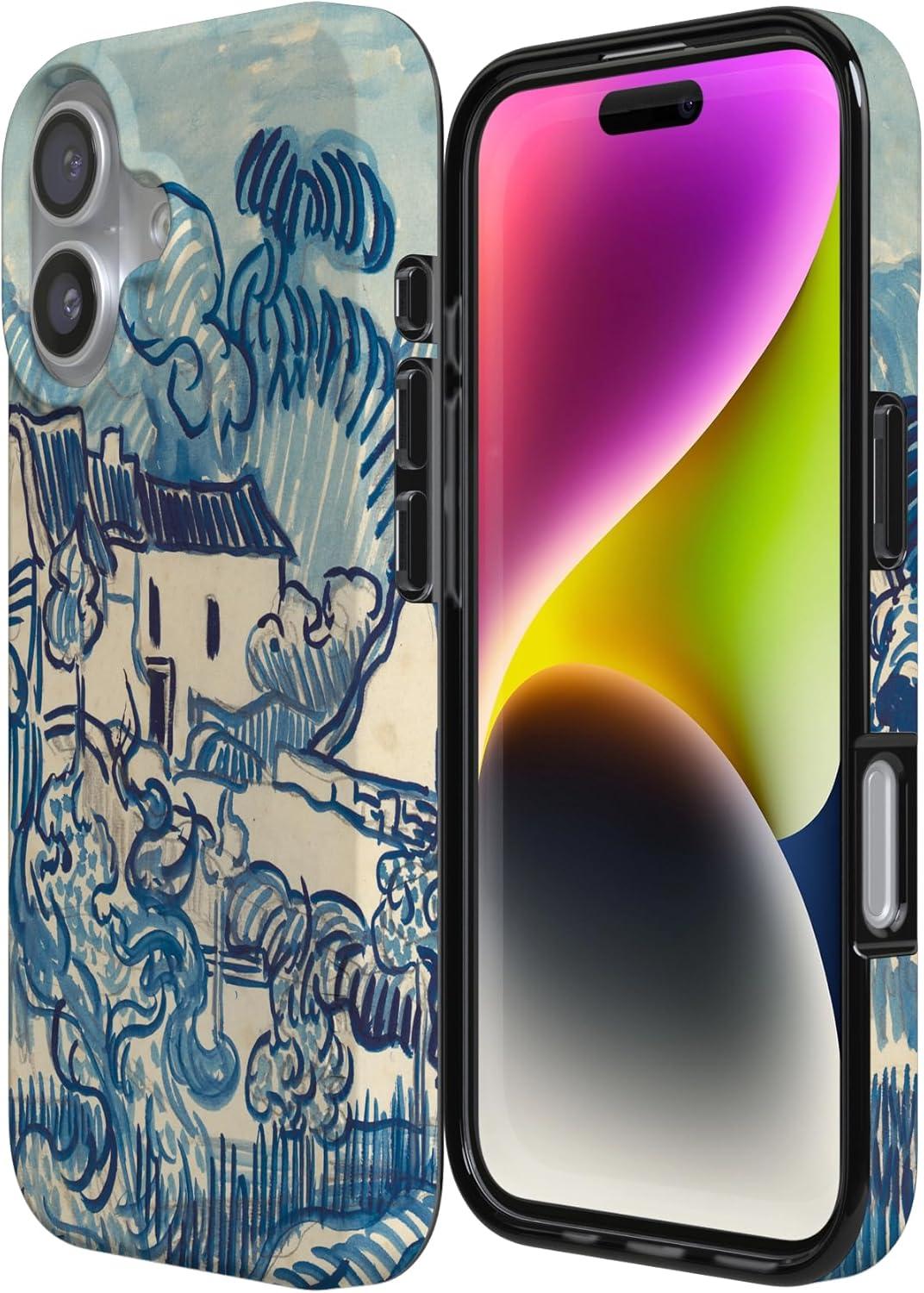 imageCasely iPhone 17 Case Full Bloom Navy Floral Compatible with MagSafe Classic Ultra Thin DesignVan Gogh Landscape With Houses