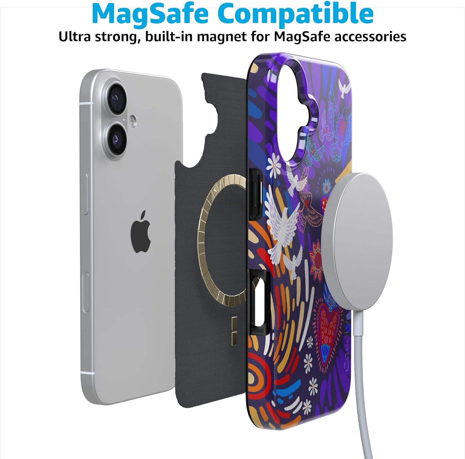 imageCasely iPhone 17 Case Full Bloom Navy Floral Compatible with MagSafe Classic Ultra Thin DesignViva La Vida Frida Kahlo Collage