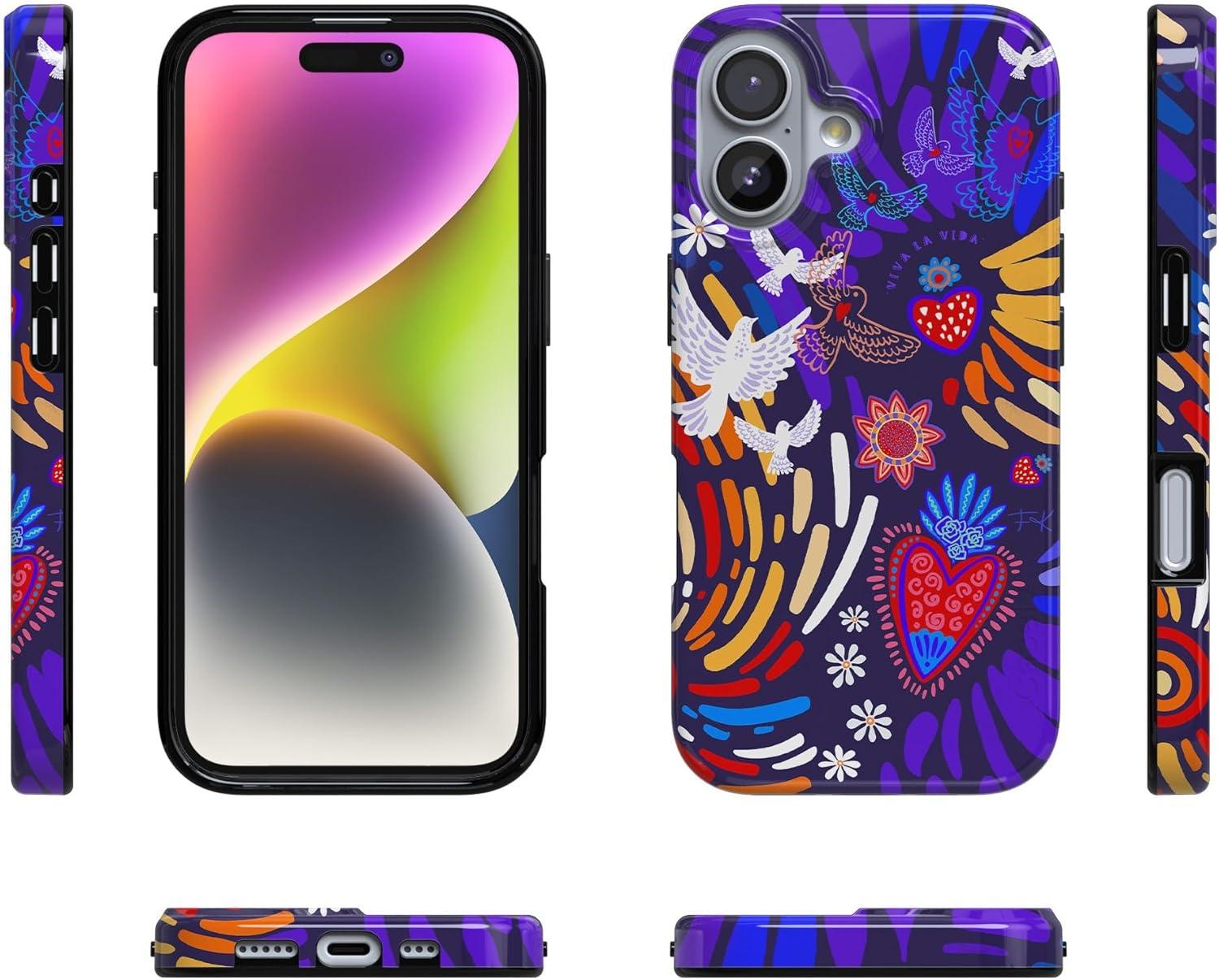 imageCasely iPhone 17 Case Full Bloom Navy Floral Compatible with MagSafe Classic Ultra Thin DesignViva La Vida Frida Kahlo Collage