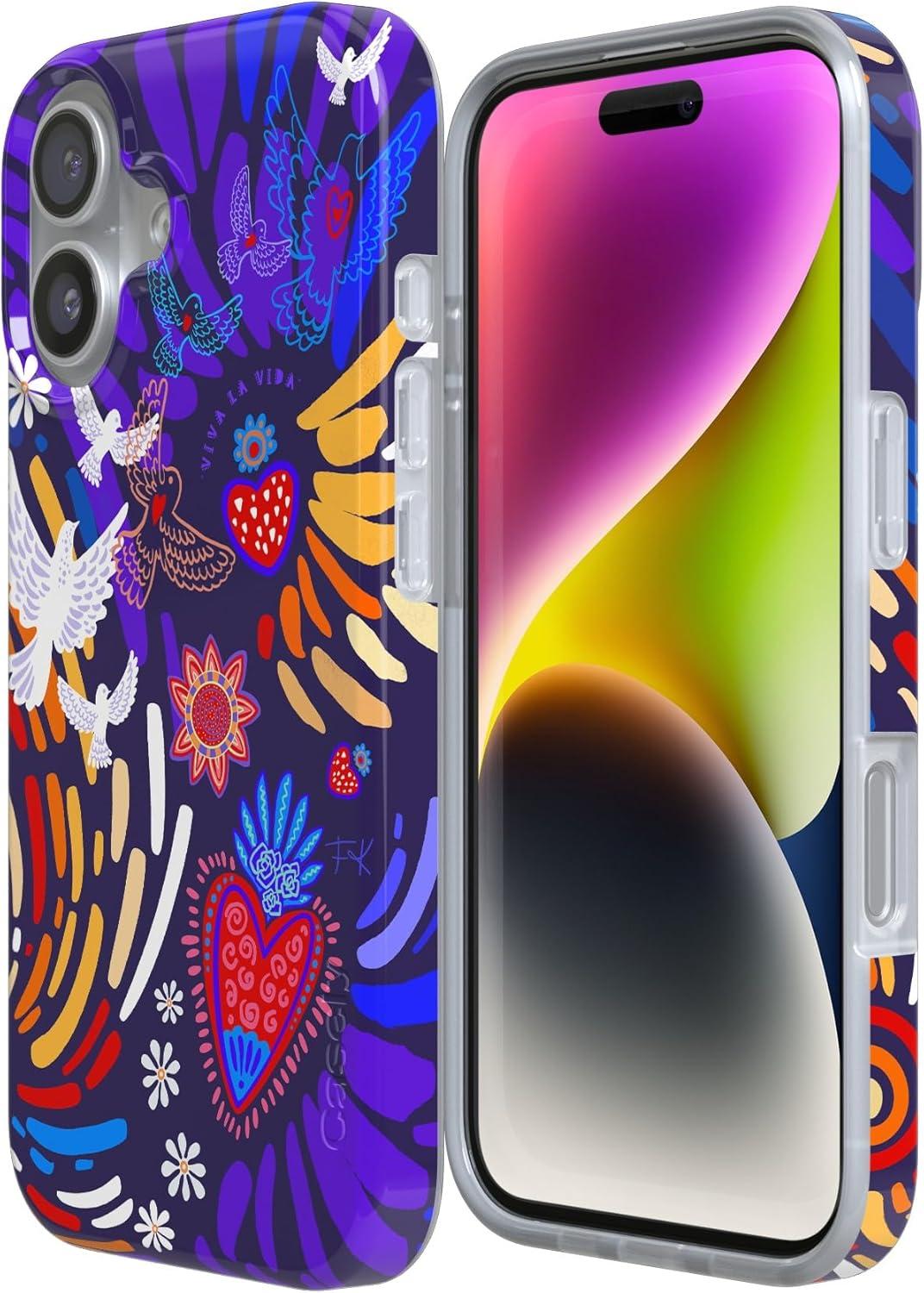 imageCasely iPhone 17 Case Full Bloom Navy Floral Compatible with MagSafe Classic Ultra Thin DesignViva La Vida Frida Kahlo Collage