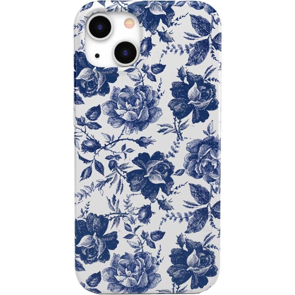 imageCasely iPhone 13 Case  Moody Monochrome  Twilight Flora  Compatible with MagSafe  Classic Ultra Thin Design09 Rose to Fame  Blue  White Rose Floral