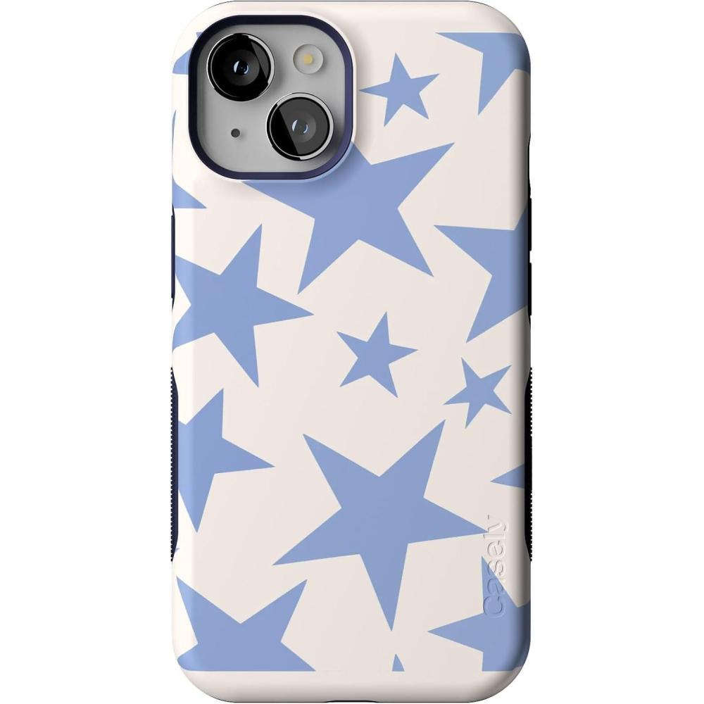 imageCasely iPhone 14 Case  Blue Stripes  Sunday Best  Bold Protective Design  Compatible with MagSafeStars Align  Blue  White Stars