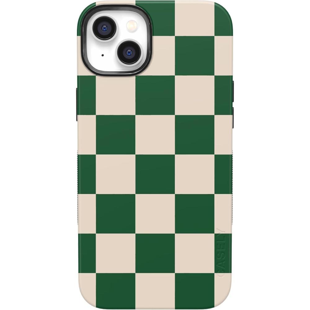 imageCasely iPhone 14 Case  Lovebug  Blue Hearts  Bold Protective Design  Compatible with MagSafeFit Check  Green Checkerboard