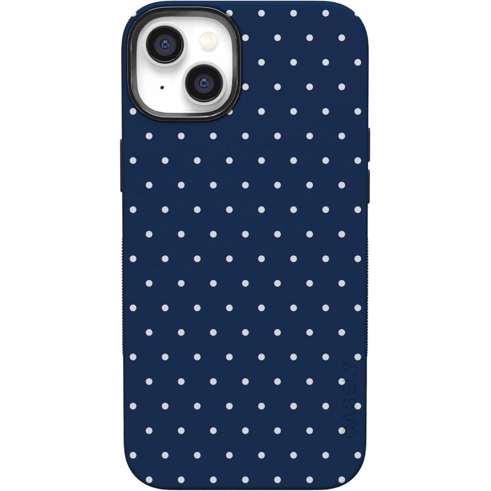 imageCasely iPhone 14 Case  Lovebug  Blue Hearts  Bold Protective Design  Compatible with MagSafeOn the Dot  Navy Polka Dot