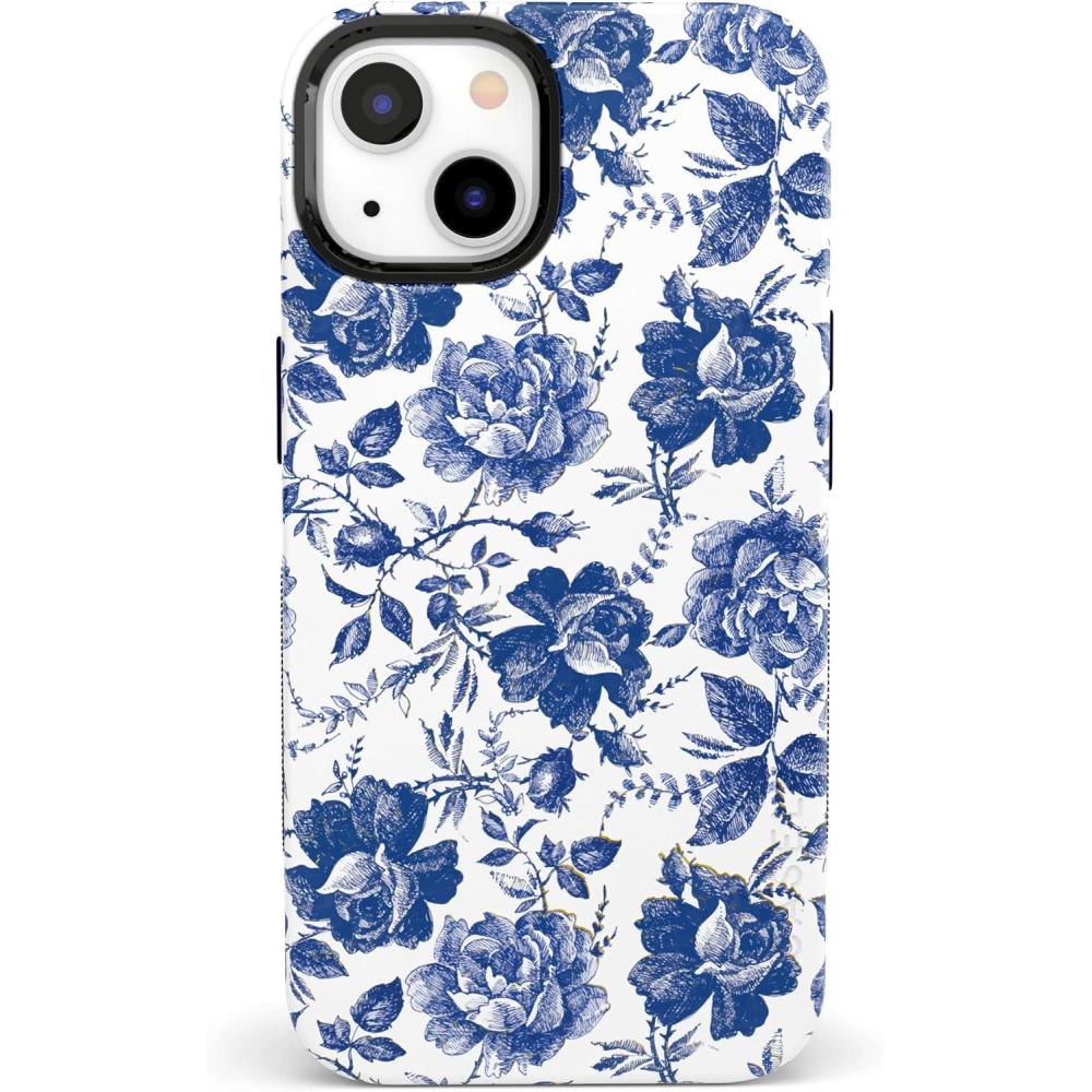 imageCasely iPhone 14 Case  Lovebug  Blue Hearts  Bold Protective Design  Compatible with MagSafeRose to Fame  Blue  White Rose Floral