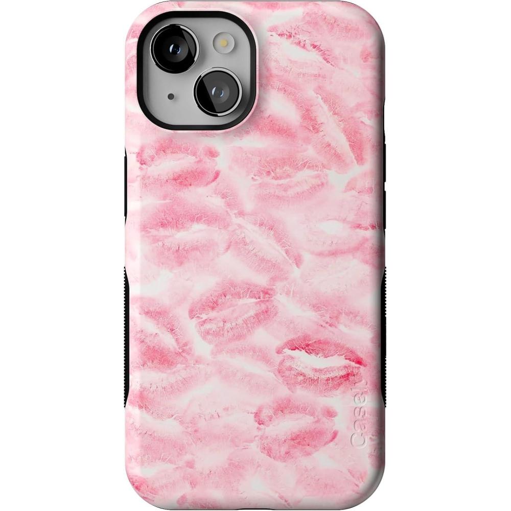 imageCasely iPhone 14 Case  Lovebug  Blue Hearts  Bold Protective Design  Compatible with MagSafeSealed with a Kiss  Pink Lipstick