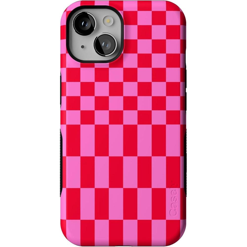imageCasely iPhone 14 Case  Lovebug  Blue Hearts  Bold Protective Design  Compatible with MagSafeVibe Check  Pink Checkerboard