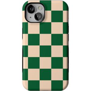 Casely iPhone 13 Case | Twilight Flora | Moody Monochrome | Bold Protective Design | Compatible with MagSafe(Fit Check | Green Checkerboard)
