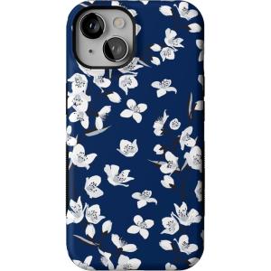 Casely iPhone 14 Case | Blue Stripes | Sunday Best | Bold Protective Design | Compatible with MagSafe(Floral Forest | Navy Cherry Blossom)