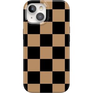 Casely iPhone 15 Case | Powder Pups | Dog Sled | Compatible with MagSafe | Classic Ultra Thin Design(Fit Check | Black & Brown Checkerboard)