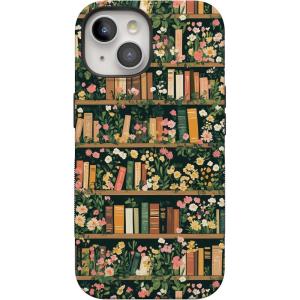 Casely iPhone 15 Case | Twilight Flora | Moody Monochrome | Bold Protective Design | Compatible with MagSafe(Book Nook | Floral Library)