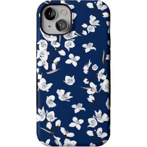 Casely iPhone 15 Case | Twilight Flora | Moody Monochrome | Bold Protective Design | Compatible with MagSafe(Floral Forest | Navy Cherry Blossom)