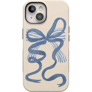 Casely iPhone 15 Case | Twilight Flora | Moody Monochrome | Bold Protective Design | Compatible with MagSafe(Heartstrings | Blue Bow)