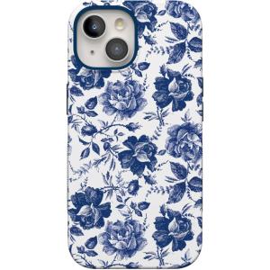 Casely iPhone 15 Case | Twilight Flora | Moody Monochrome | Bold Protective Design | Compatible with MagSafe(Rose to Fame | Blue & White Floral)