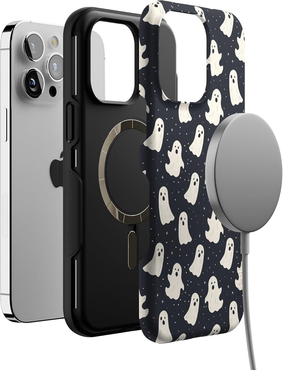 imageCasely iPhone 14 Pro Max Case Blue Stripes Sunday Best Bold Protective Design Compatible with MagSafeAll Boos No Bite Friendly Ghost