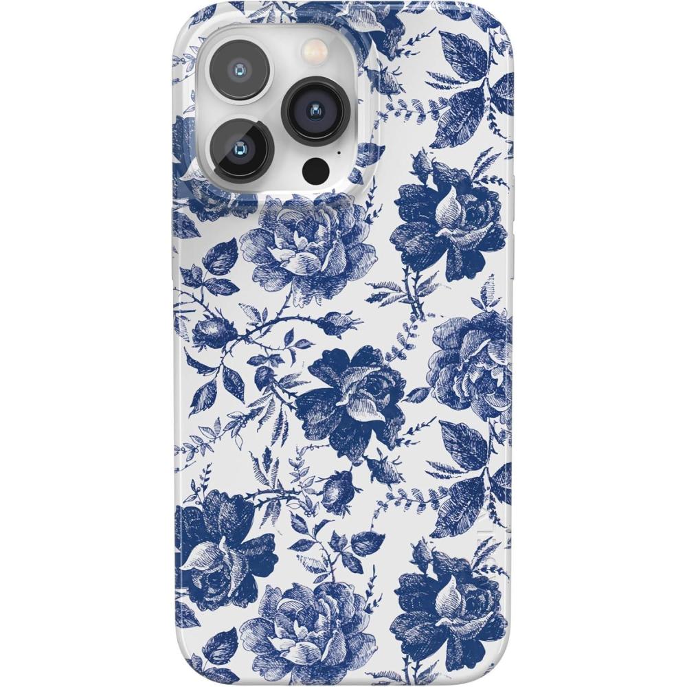 imageCasely iPhone 14 Pro Case  Black Pearl Marble  Compatible with MagSafe  Classic Ultra Thin DesignRose to Fame  Blue  White Rose Floral