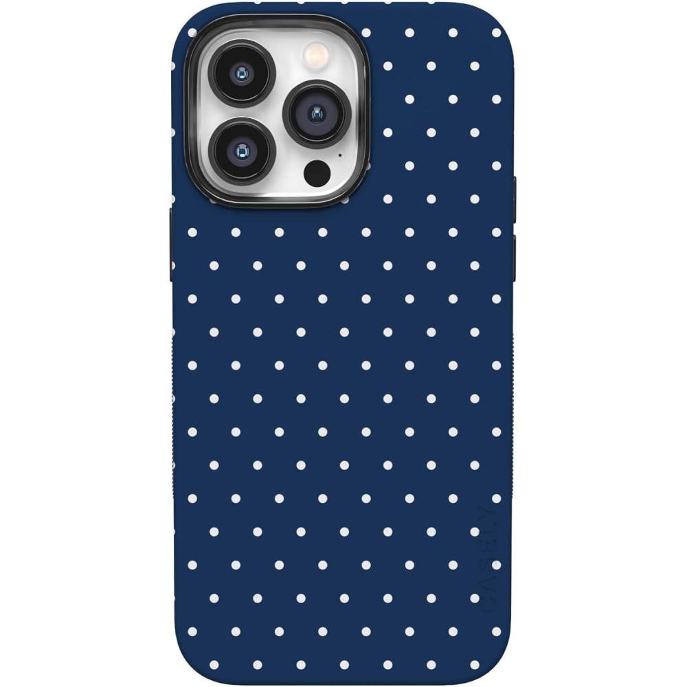 imageCasely iPhone 14 Pro Max Case  Sunday Best  Pastel Garden  Bold Protective Design  MagSafe Compatible DesignOn the Dot  Navy Polka Dot