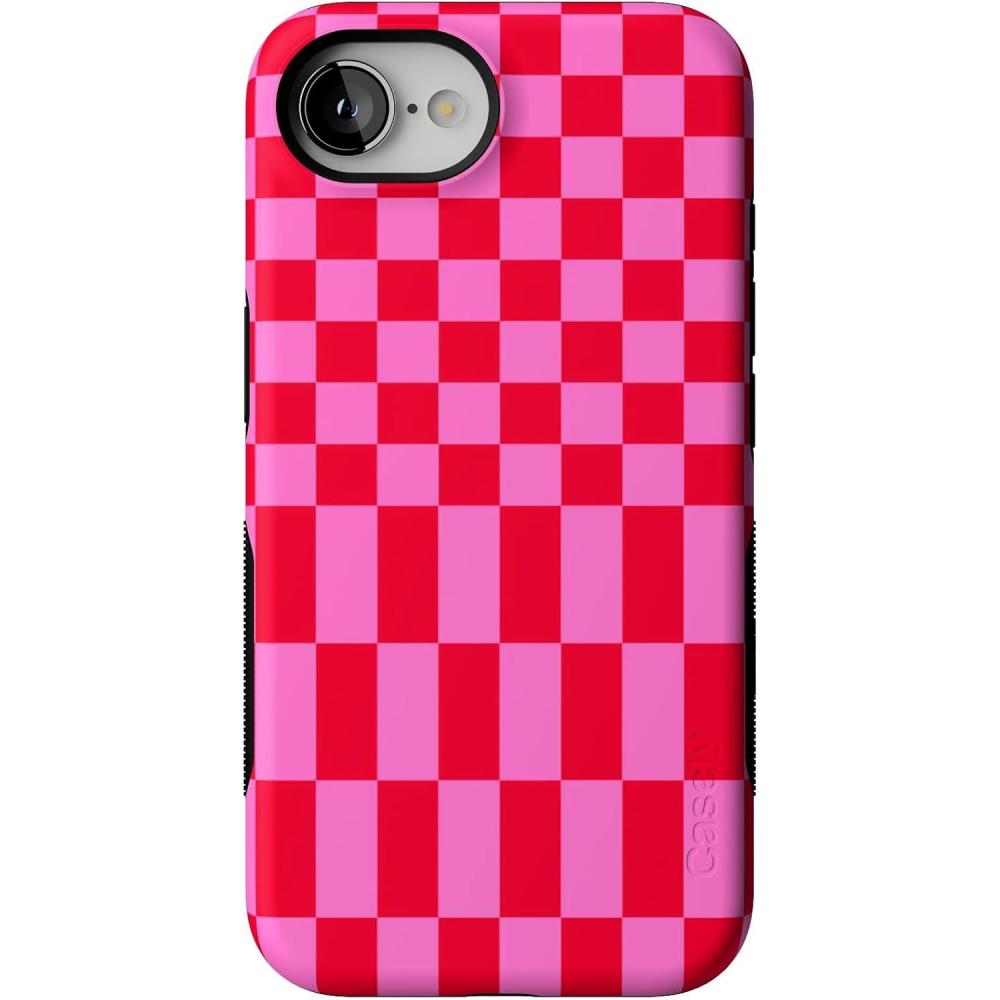 imageCasely iPhone 16e Case  Love Me Knot  Blue Bow  Bold Protective Design  Compatible with MagSafeVibe Check  Pink Checkerboard