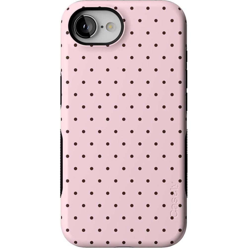 imageCasely iPhone 16e Case  Sunday in Brooklyn  Blue Stripes  Bold Protective Design  Compatible with MagSafeOn the Dot  Pink  Brown Polka Dot
