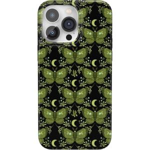 Casely iPhone 14 Pro Case | Black Pearl Marble | Compatible with MagSafe | Classic Ultra Thin Design(Mystic Moths | Green Twilight)