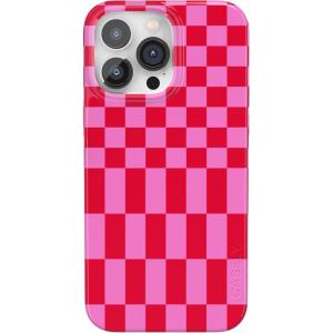 Casely iPhone 14 Pro Case | Black Pearl Marble | Compatible with MagSafe | Classic Ultra Thin Design(Vibe Check | Pink Checkerboard)