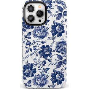 Casely iPhone 14 Pro Max Case | Blue Stripes | Sunday Best | Bold Protective Design | Compatible with MagSafe(Rose to Fame | Blue & White Rose Floral)