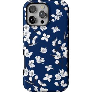 Casely iPhone 16 Pro Max Case | Bordeaux Rose | Moody Monochrome | Bold Protective Design | Compatible with MagSafe(Navy Cherry Blossom | Floral Forest)