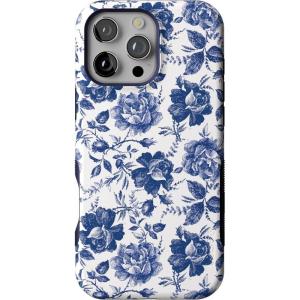 Casely iPhone 16 Pro Max Case | Bordeaux Rose | Moody Monochrome | Bold Protective Design | Compatible with MagSafe(Rose to Fame | Blue & White Rose Floral)