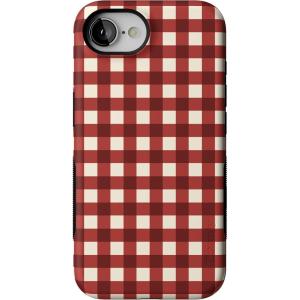 Casely iPhone 16e Case | Pretty in Pastel | Blush Stripes | Bold Protective Design | Compatible with MagSafe(Checked Twice | Red Plaid)