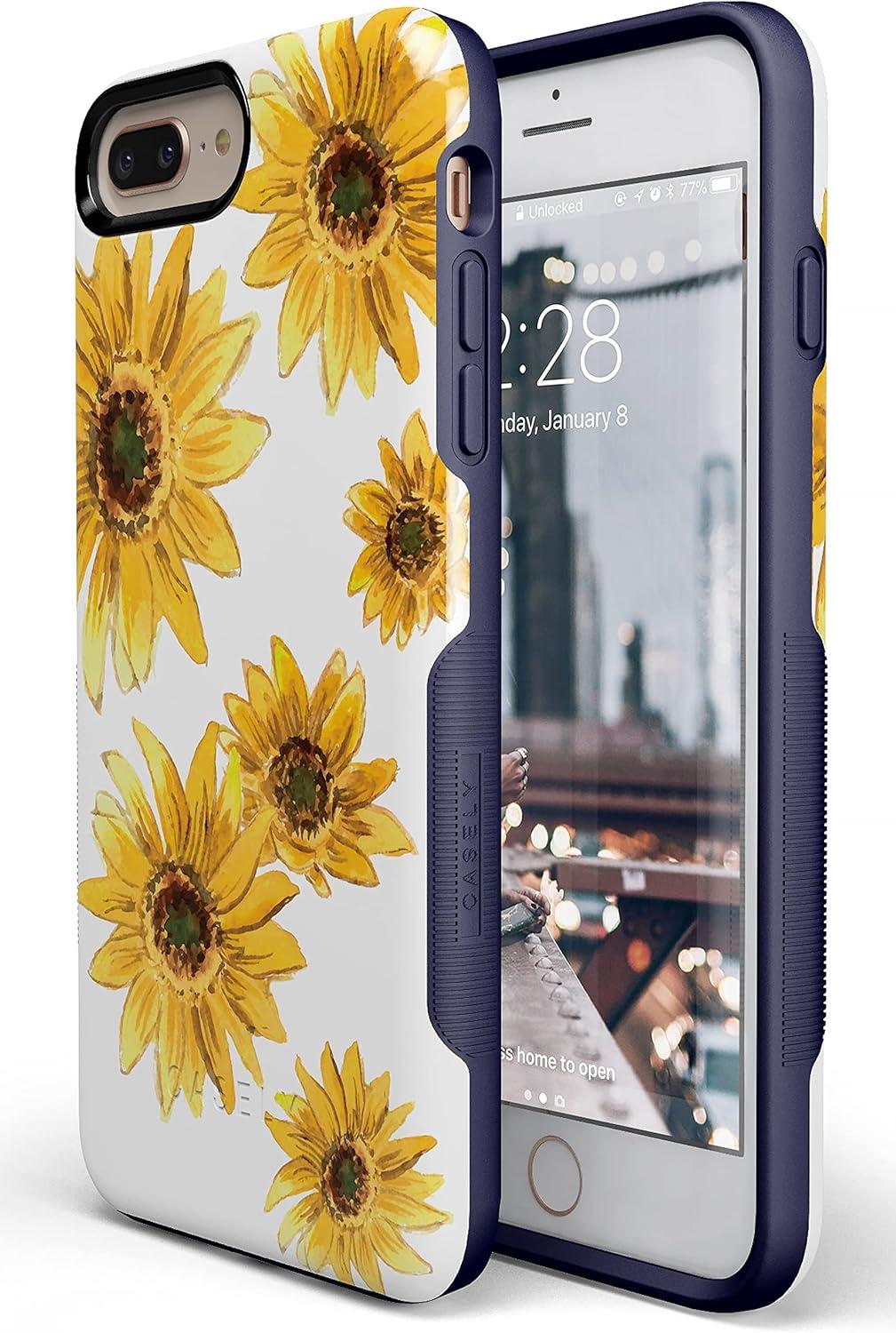 imageCasely iPhone 678 Plus Case Light Blue Skies Marble Clouds Bold Protective DesignBright Yellow Sunflowers Floral