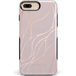 Casely iPhone 6/7/8 Plus Case | Light Blue Skies | Marble Clouds | Bold Protective Design(Pink and Gold Metallic Waves)