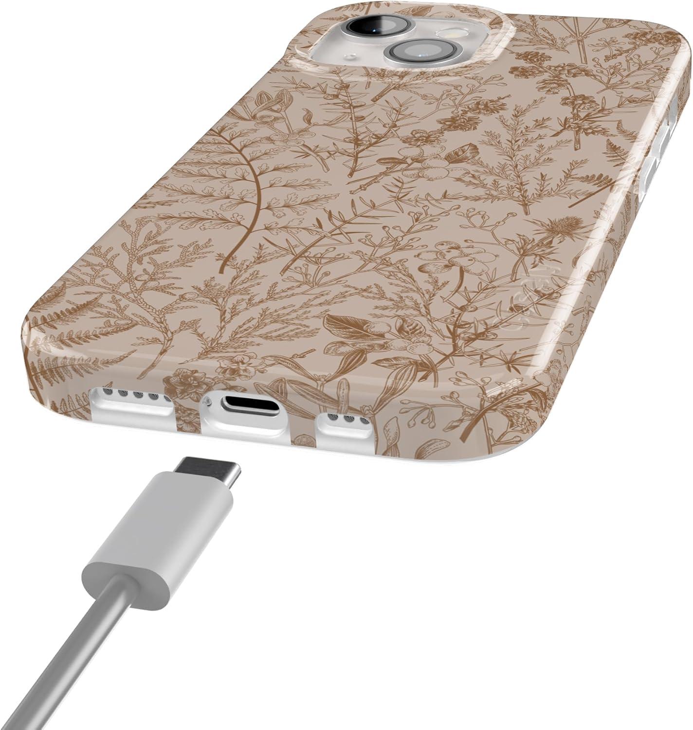 imageCasely iPhone 15 Plus Case Outside the Lines Crayola Marker Compatible with MagSafe Classic Ultra Slim DesignBeige Garden Neutral Floral