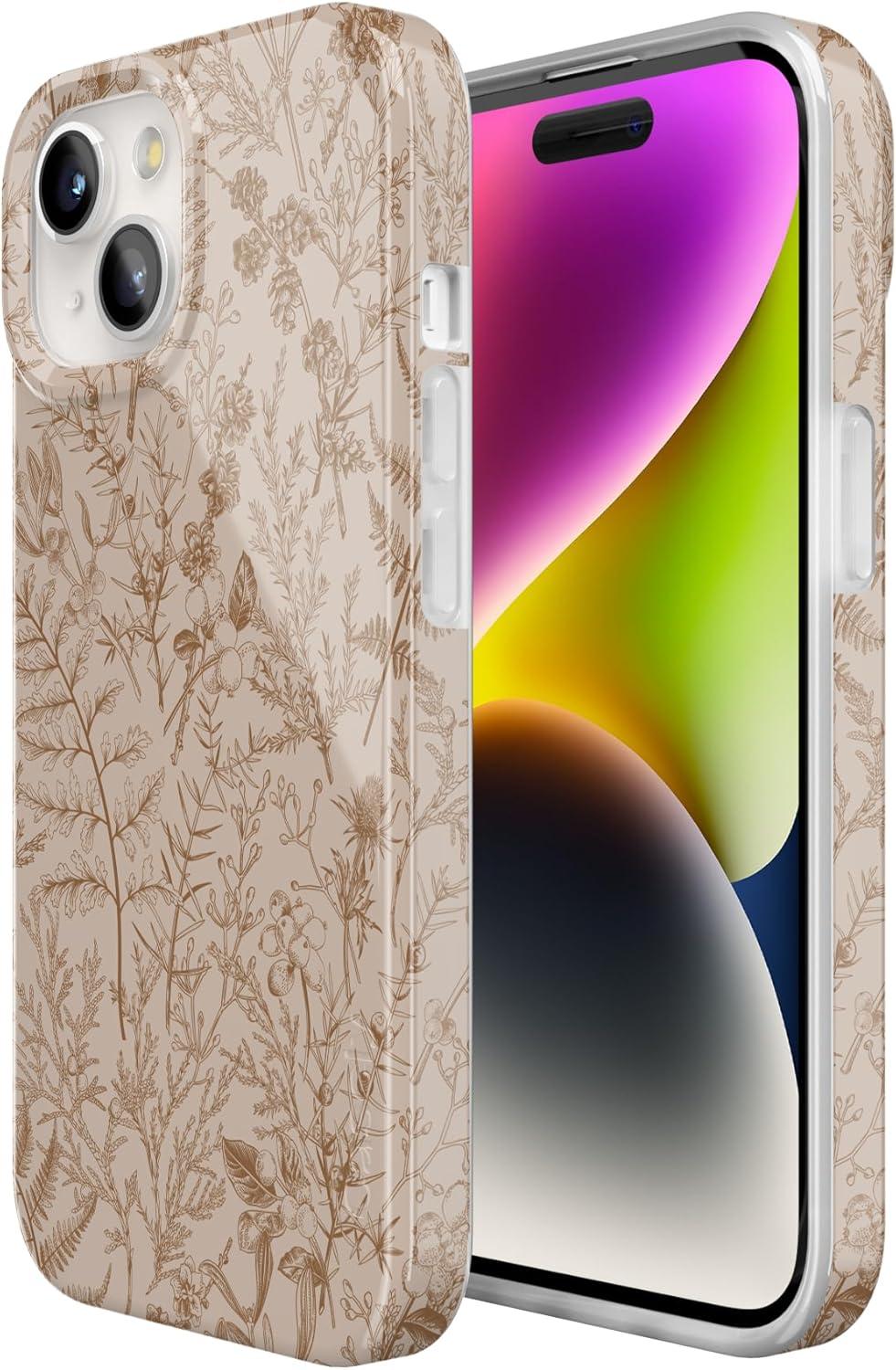 imageCasely iPhone 15 Plus Case Outside the Lines Crayola Marker Compatible with MagSafe Classic Ultra Slim DesignBeige Garden Neutral Floral
