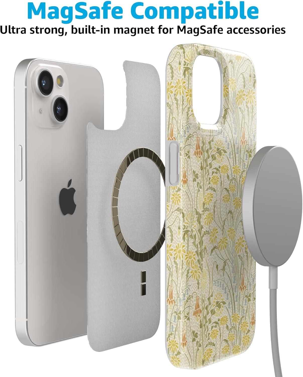 imageCasely iPhone 15 Plus Case Outside the Lines Crayola Marker Compatible with MagSafe Classic Ultra Slim DesignBoho Blooms Golden Floral