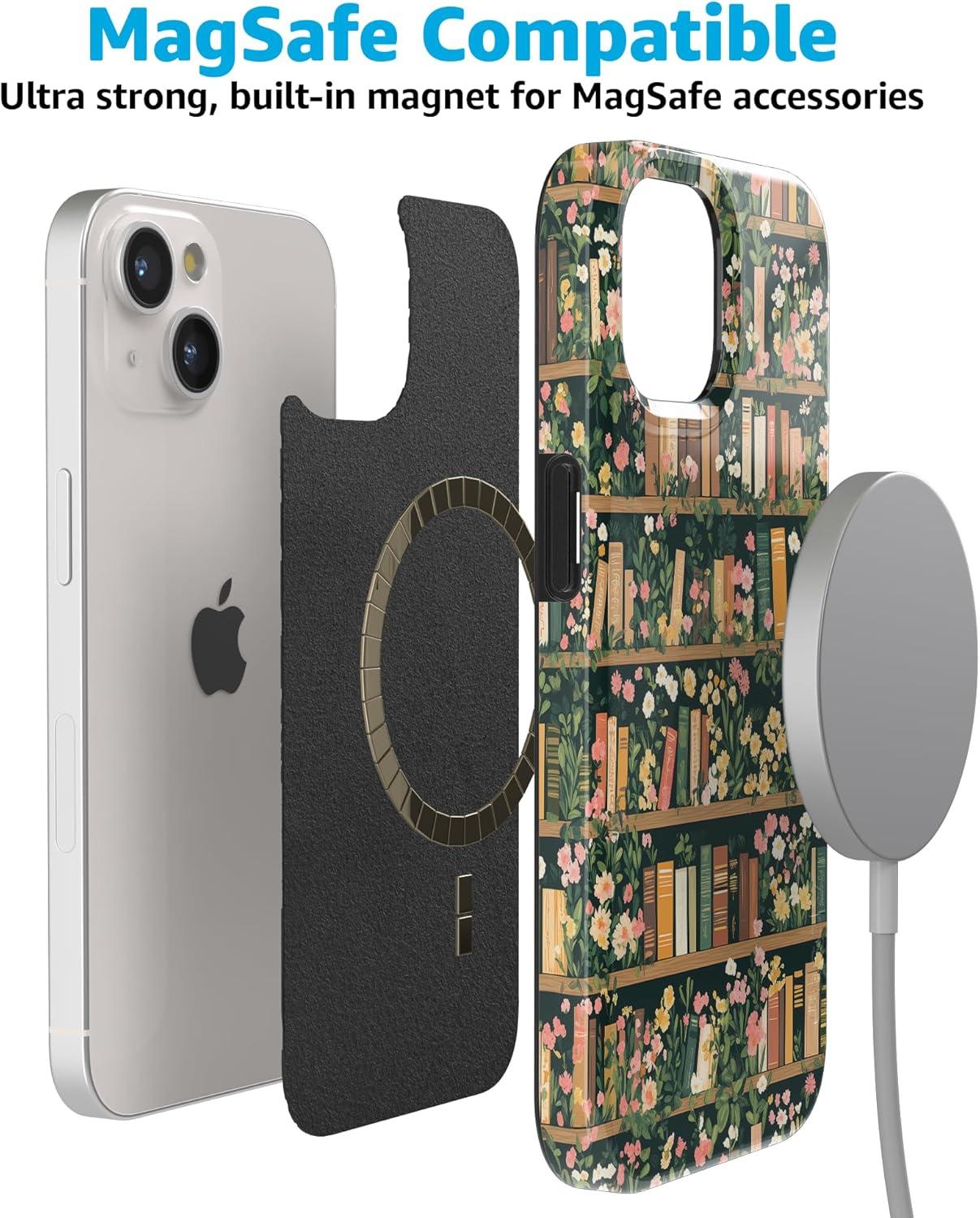 imageCasely iPhone 15 Plus Case Outside the Lines Crayola Marker Compatible with MagSafe Classic Ultra Slim DesignBook Nook Floral Library