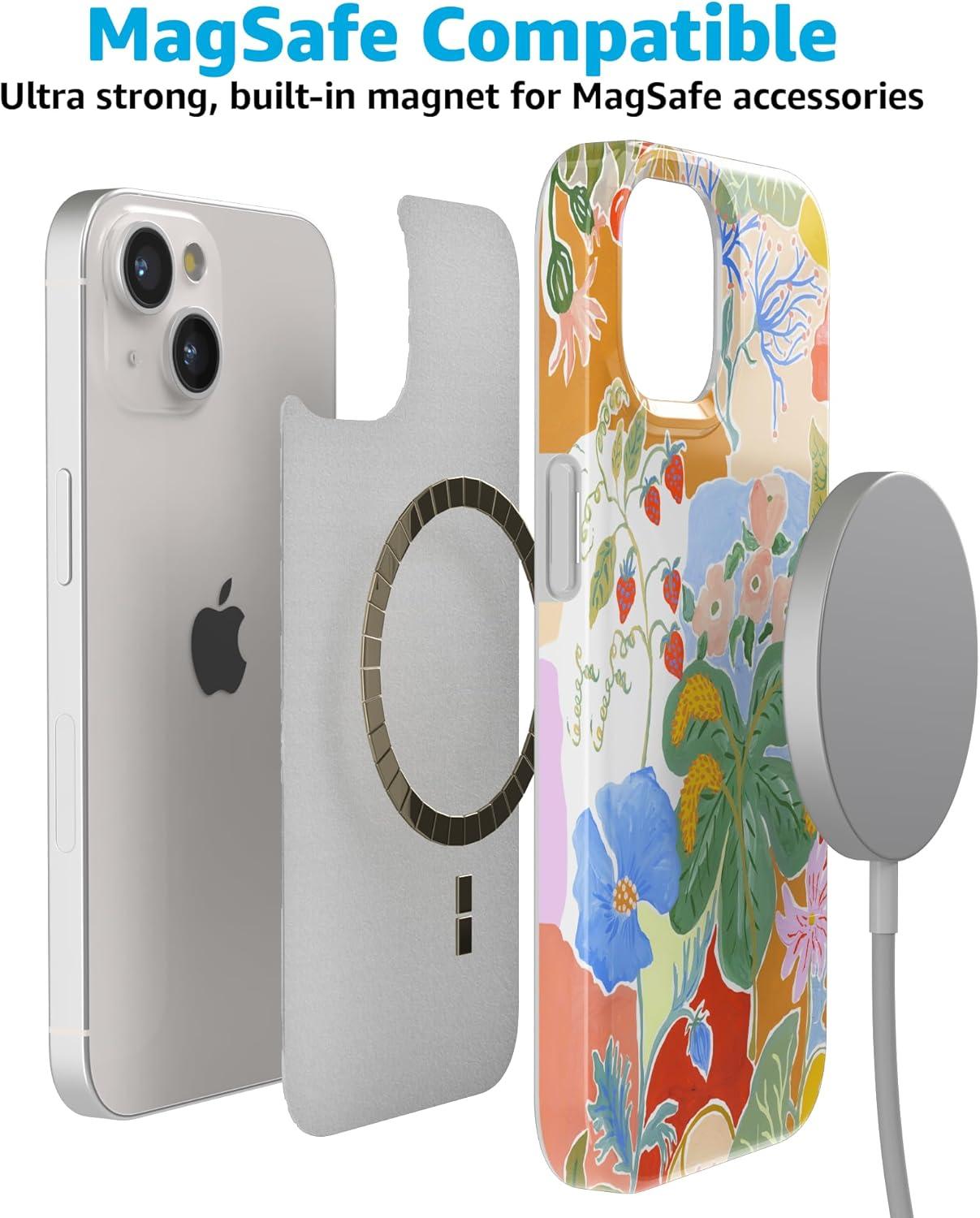 imageCasely iPhone 15 Plus Case Outside the Lines Crayola Marker Compatible with MagSafe Classic Ultra Slim DesignBotanical Blooms Floral Patchwork