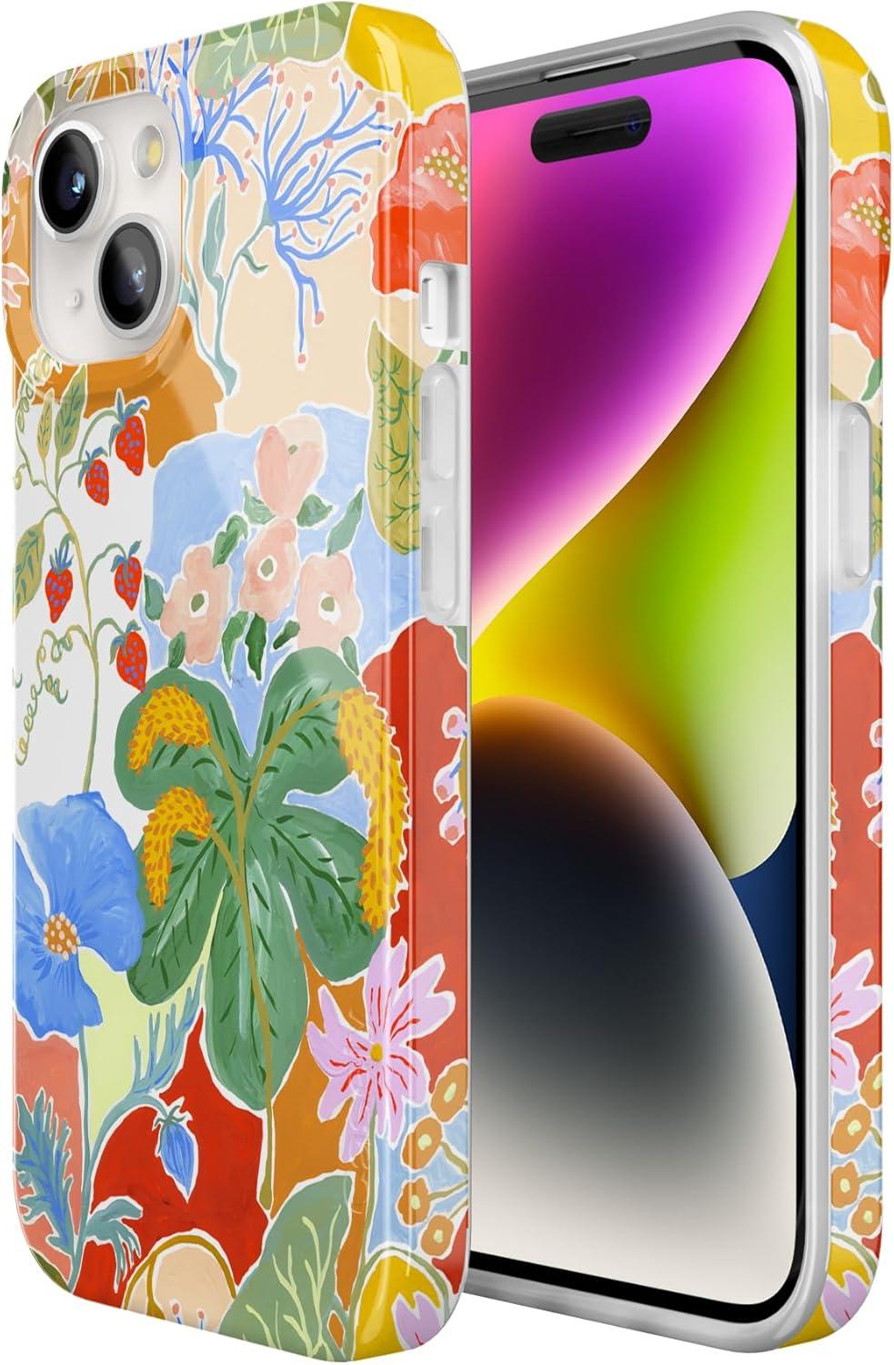 imageCasely iPhone 15 Plus Case Outside the Lines Crayola Marker Compatible with MagSafe Classic Ultra Slim DesignBotanical Blooms Floral Patchwork