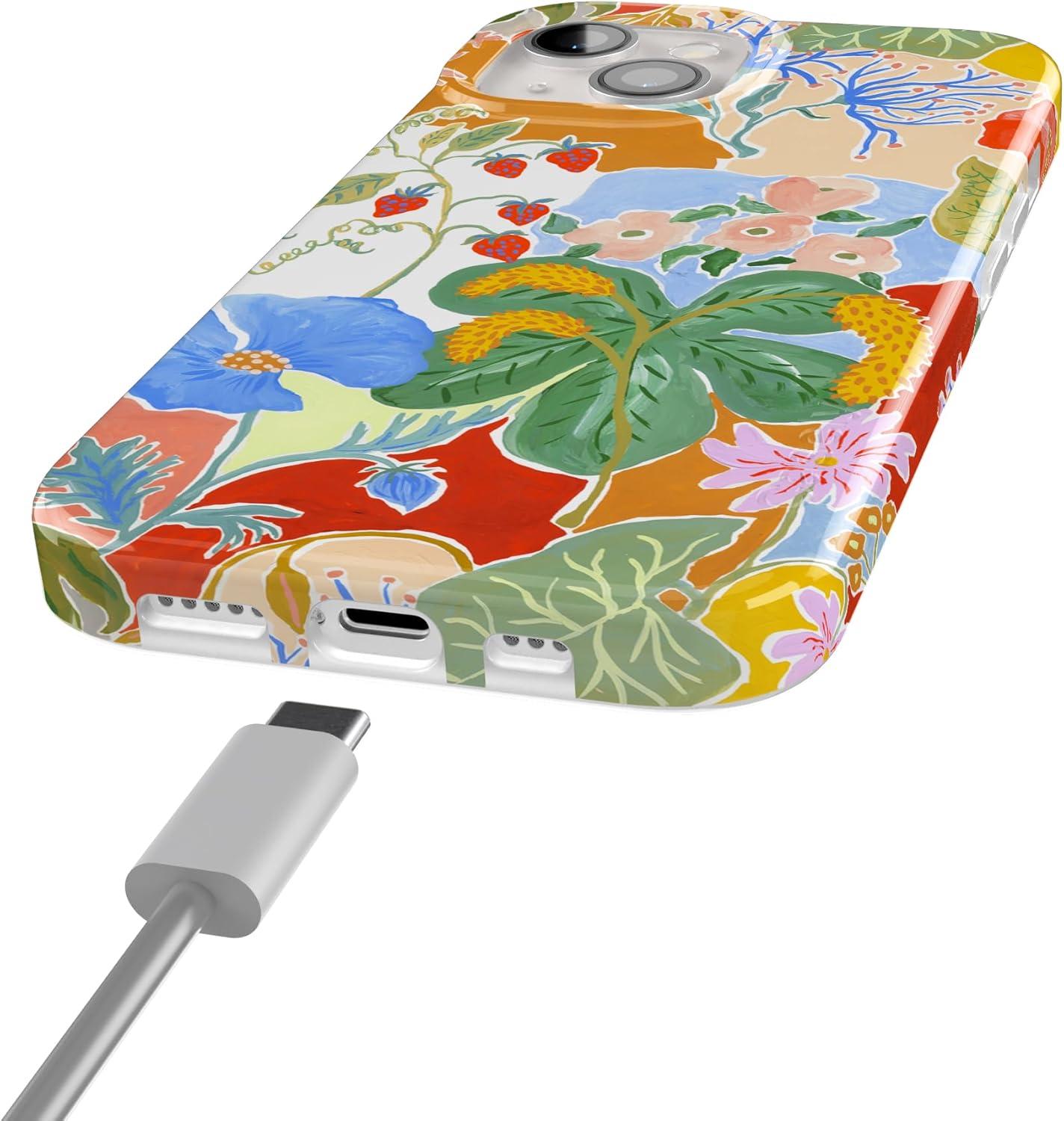 imageCasely iPhone 15 Plus Case Outside the Lines Crayola Marker Compatible with MagSafe Classic Ultra Slim DesignBotanical Blooms Floral Patchwork