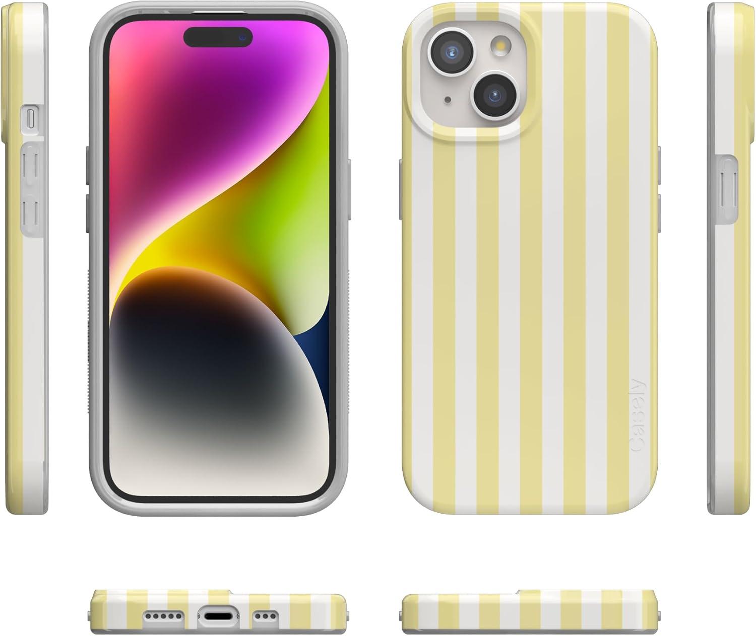 imageCasely iPhone 15 Plus Case Outside the Lines Crayola Marker Compatible with MagSafe Classic Ultra Slim DesignButter Yellow Stripes Sunday Best