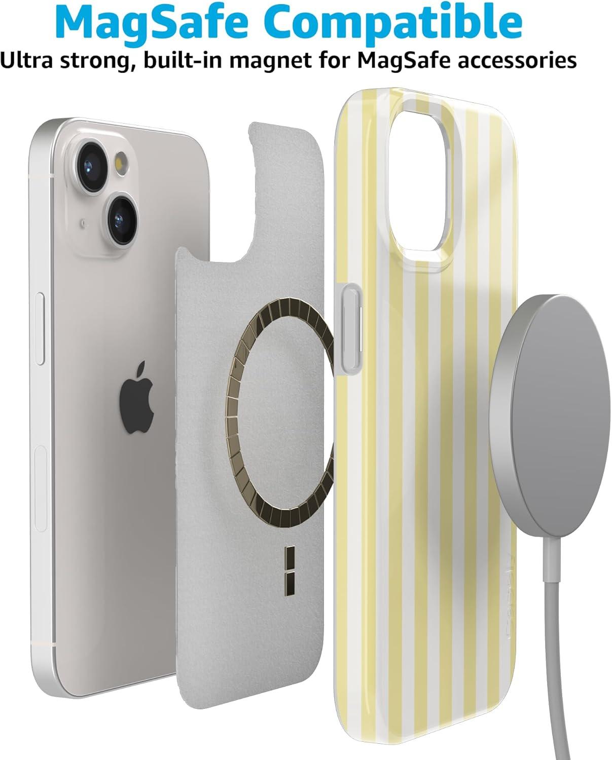 imageCasely iPhone 15 Plus Case Outside the Lines Crayola Marker Compatible with MagSafe Classic Ultra Slim DesignButter Yellow Stripes Sunday Best